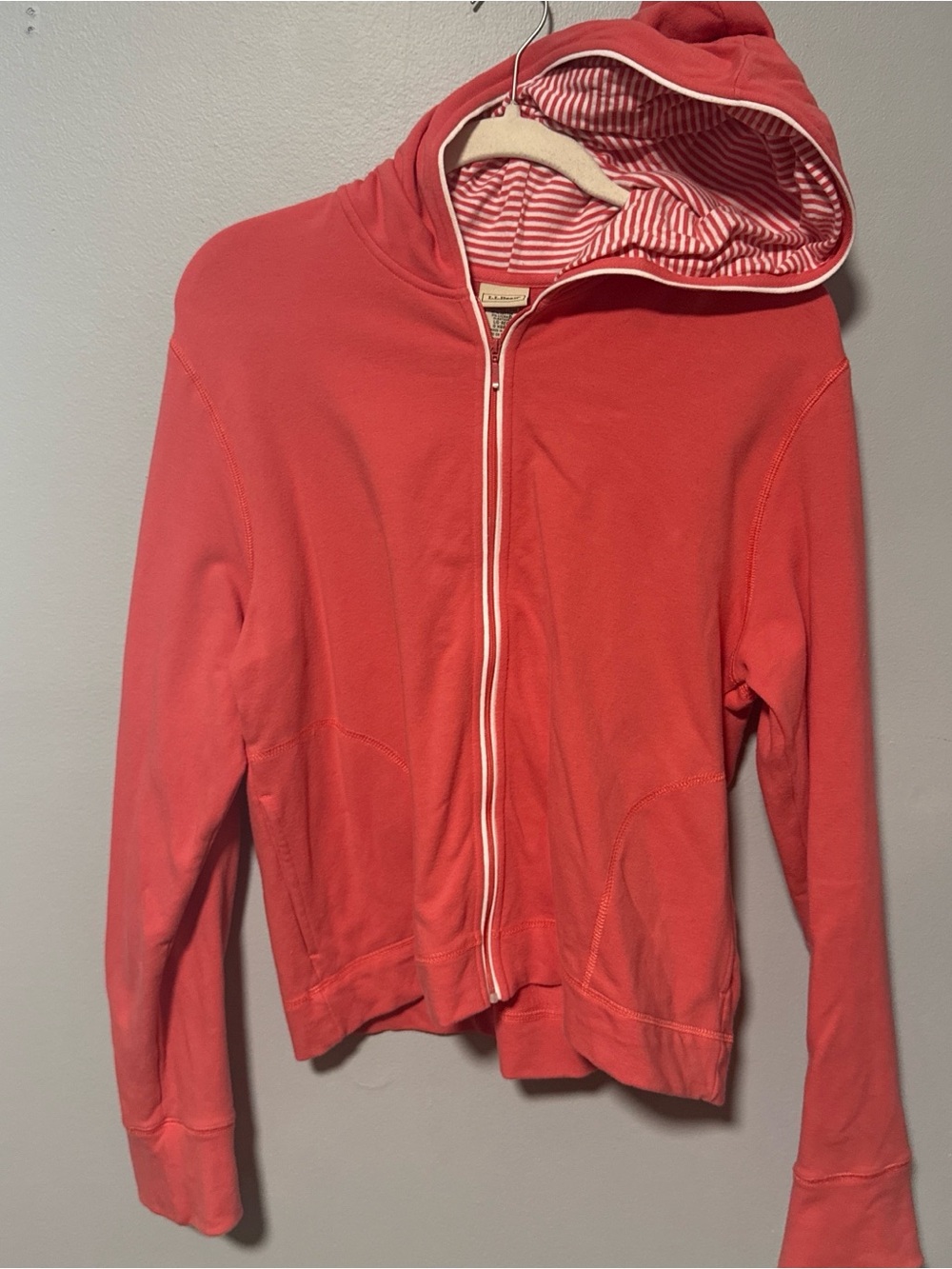 L.L.Bean Coral and White Striped Hooded Zip Sweatshirt